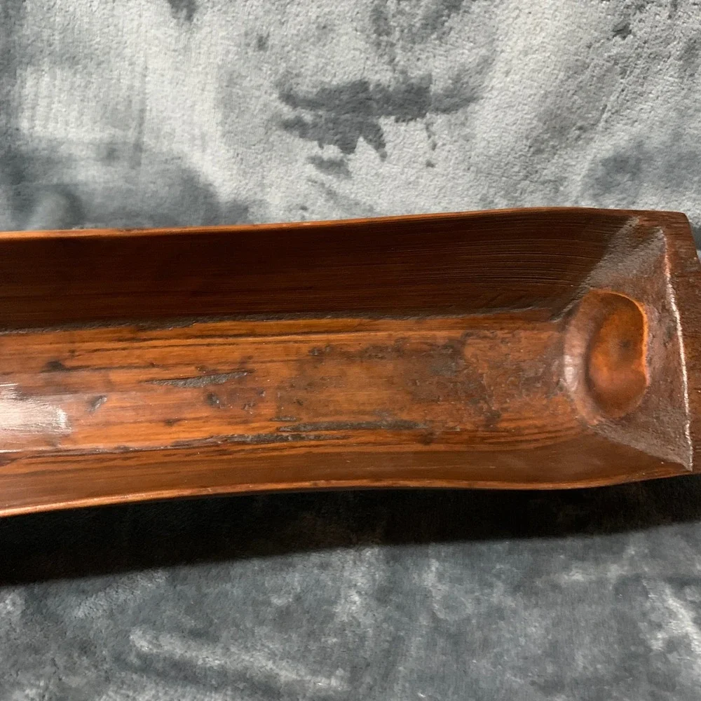 Hand Carved Wooden Dough Bowl Brown Rustic Farmhouse Curved Rectangular Cottage